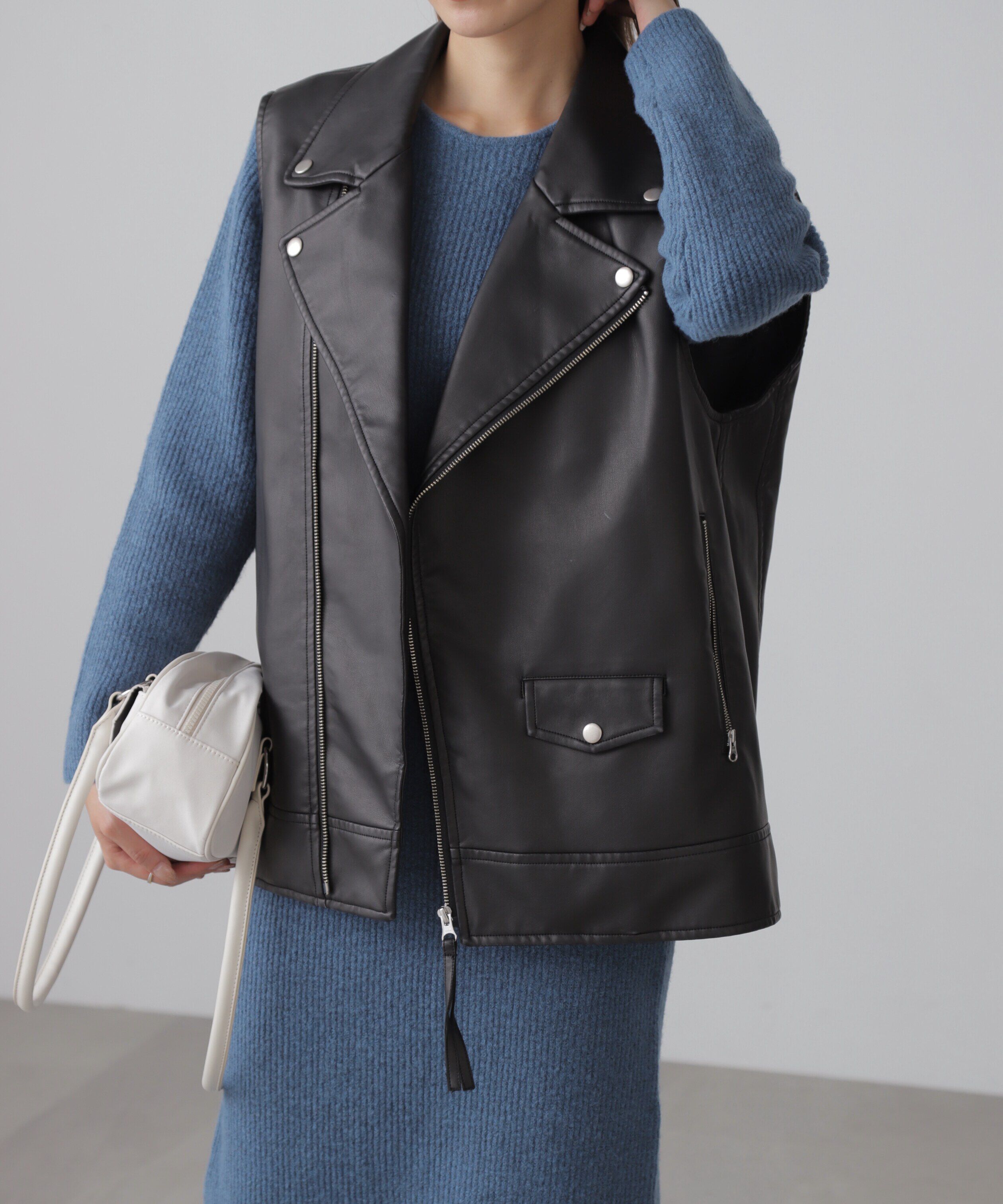  「フェイクレザーライダースジレ」|ブルゾン・スタジャン|