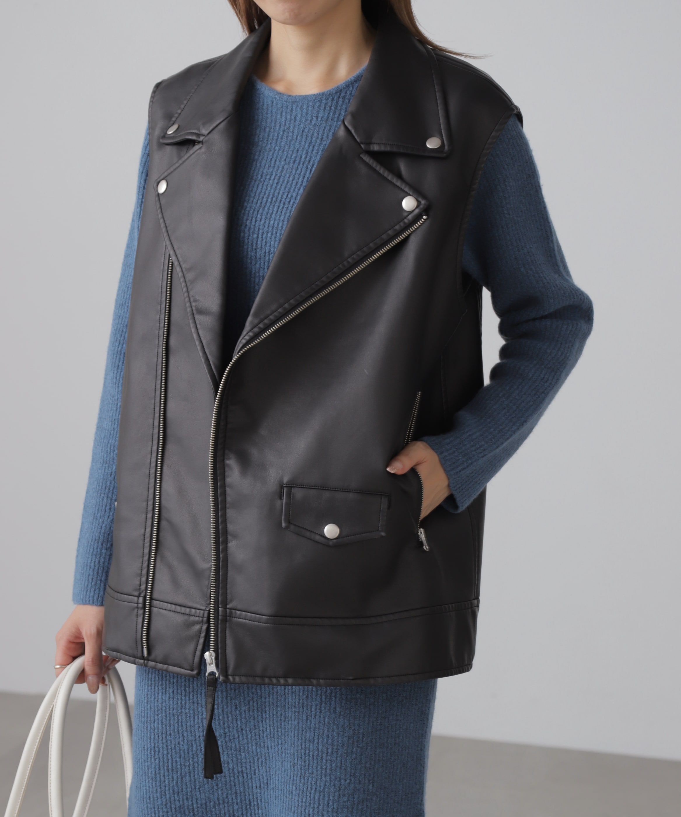  「フェイクレザーライダースジレ」|ブルゾン・スタジャン|