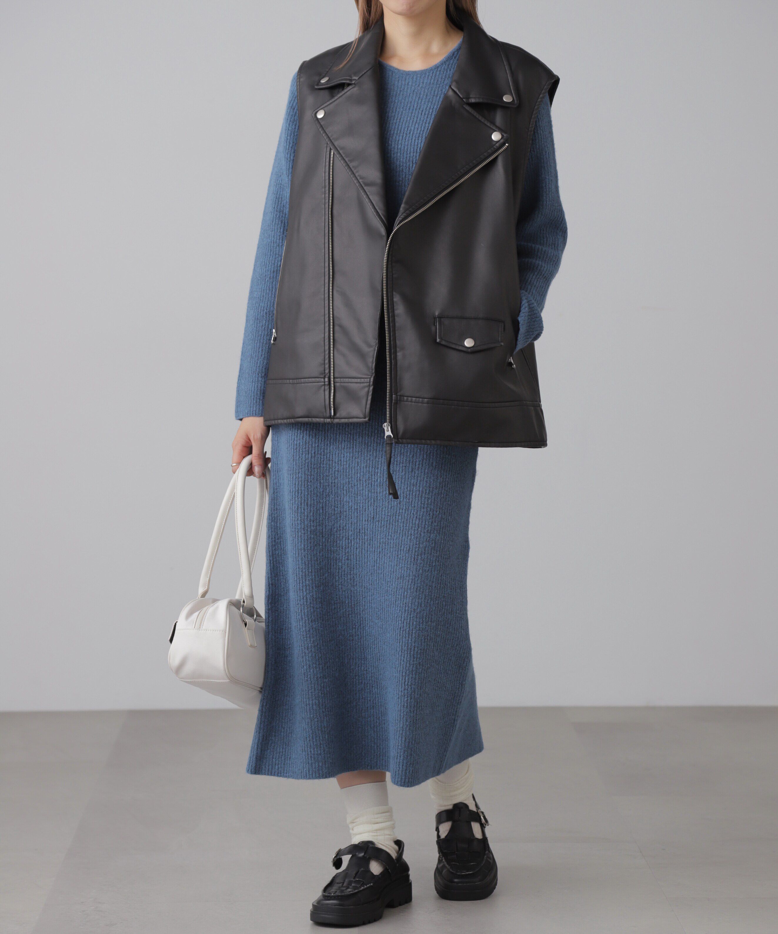  「フェイクレザーライダースジレ」|ブルゾン・スタジャン|