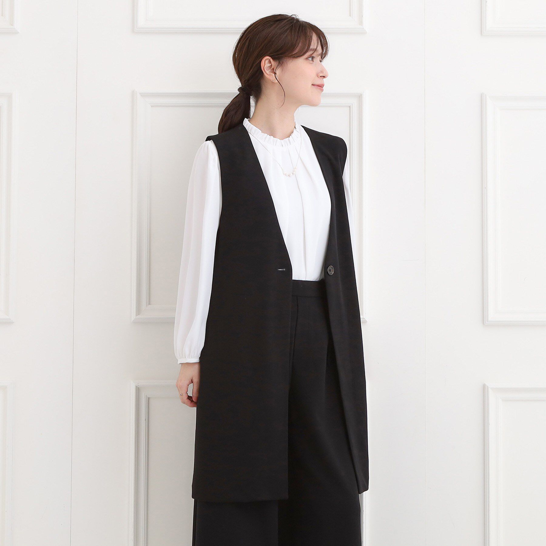 SHOO･LA･RUE「【洗濯機可/セットアップ可/S-3L】きちんと楽に。カットジョーゼット ロングジレ」|ベスト・ジレ|