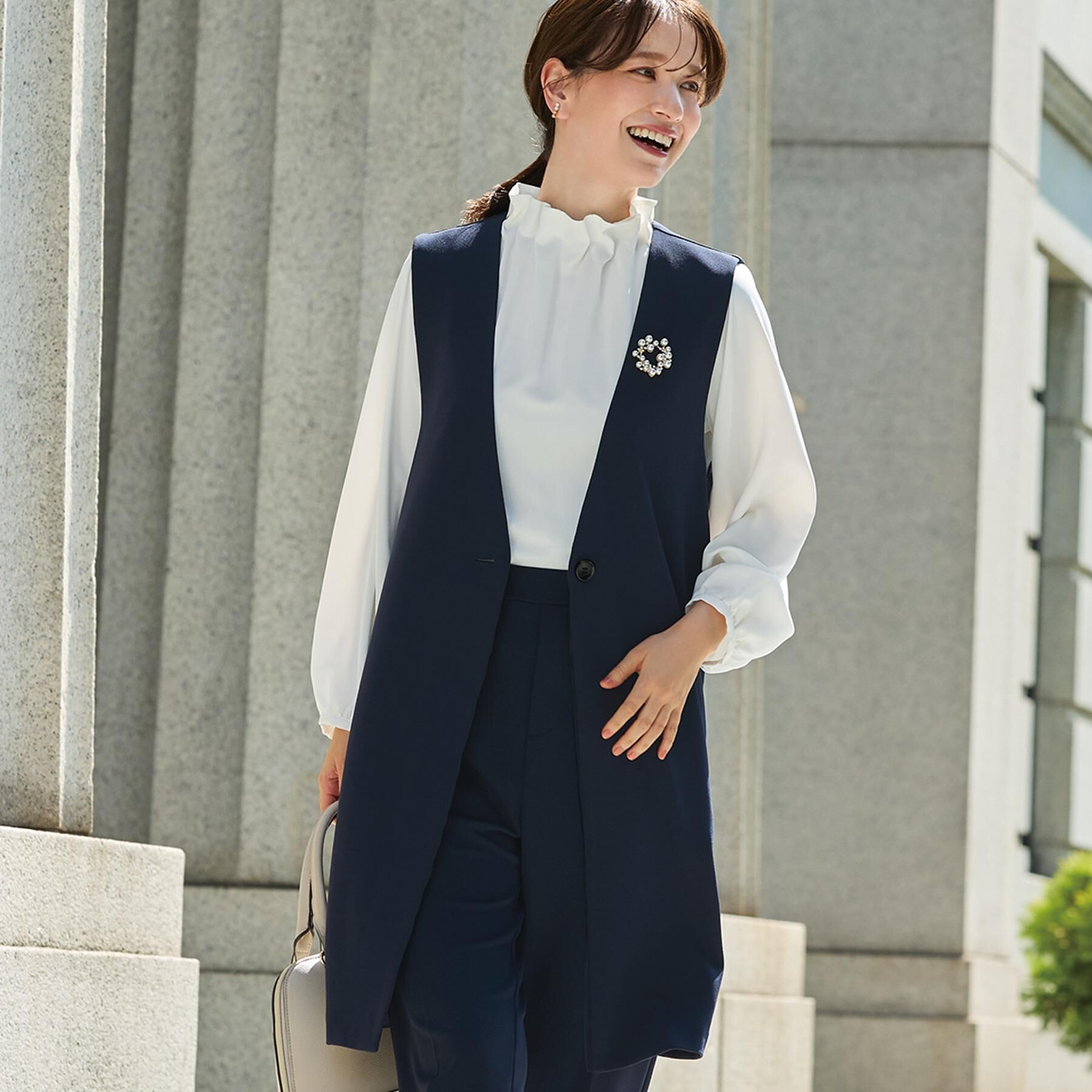 SHOO･LA･RUE「【洗濯機可/セットアップ可/S-3L】きちんと楽に。カットジョーゼット ロングジレ」|ベスト・ジレ|