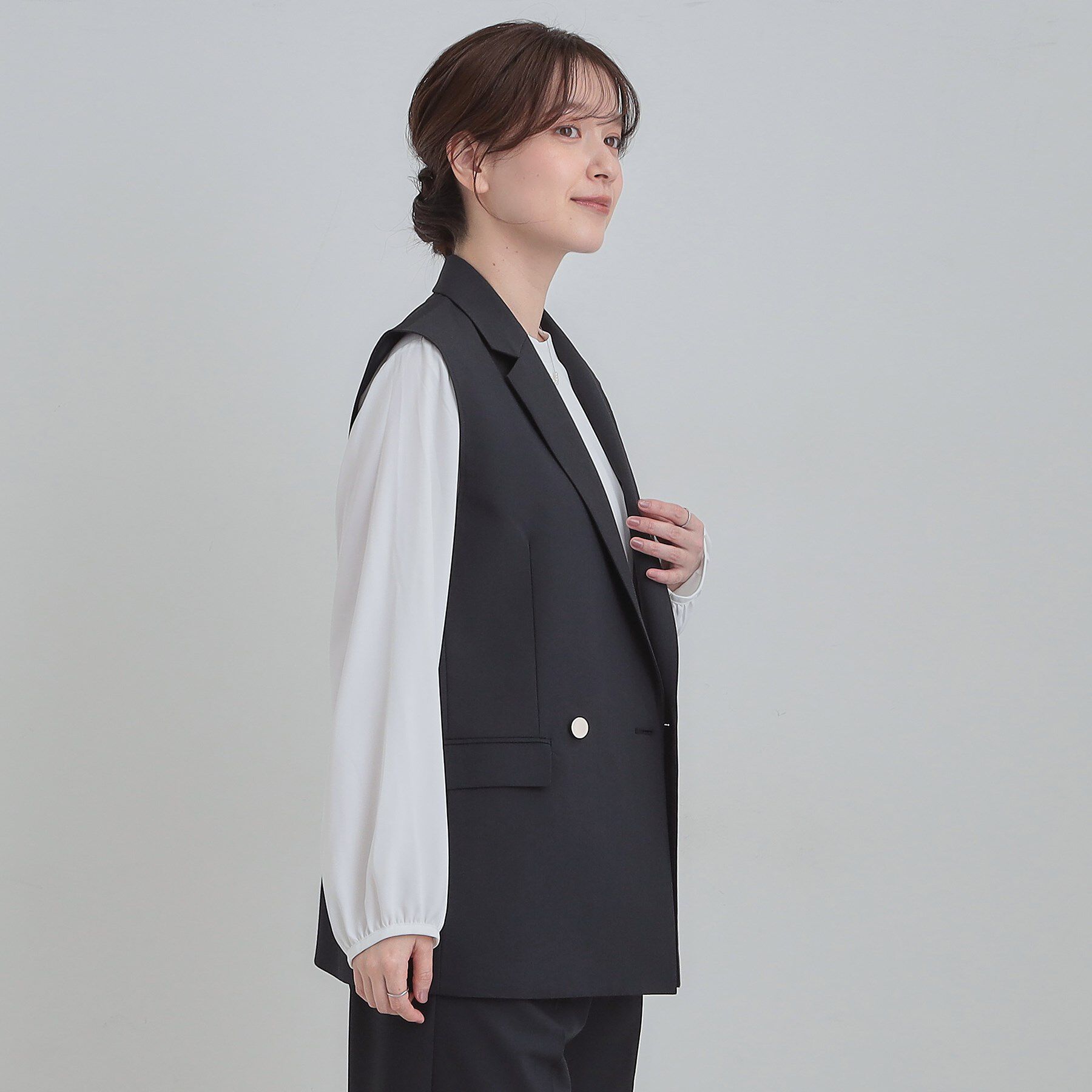 SHOO･LA･RUE「【セットアップ可/S-LL/洗濯機可】サッと羽織ってこなれ見え ダブルブレストジレ」|ベスト・ジレ|