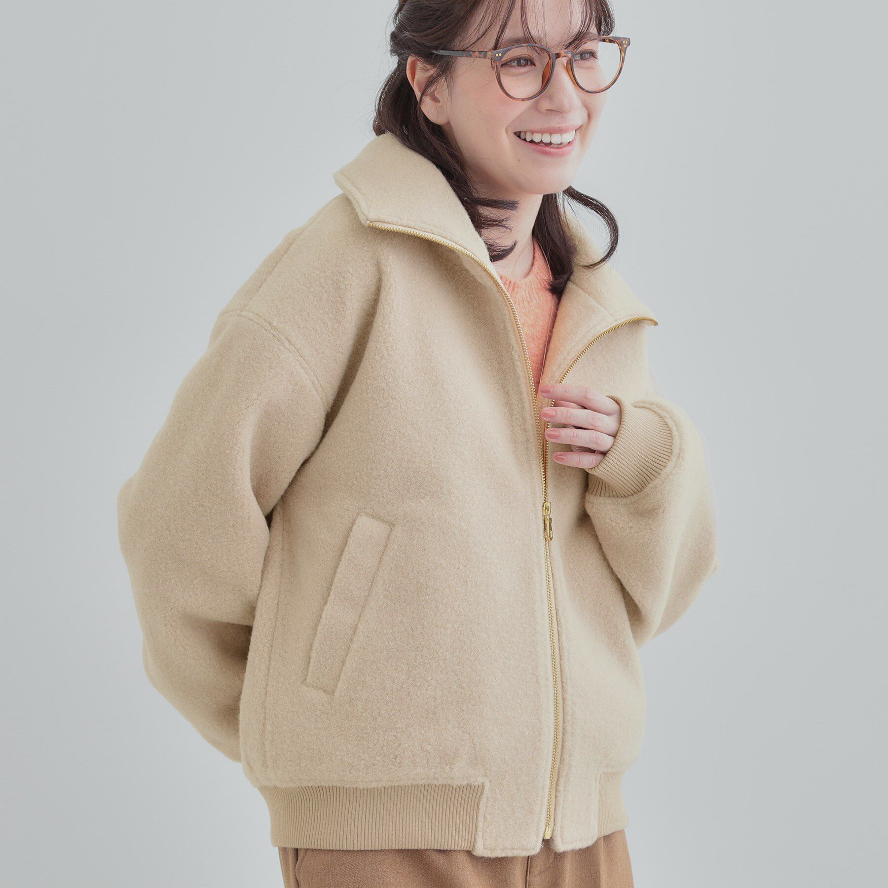 SHOO･LA･RUE「【S-LL】お顔周りがすっきり見える スライバージャケット」|ブルゾン・スタジャン|ピンクベージュ(05