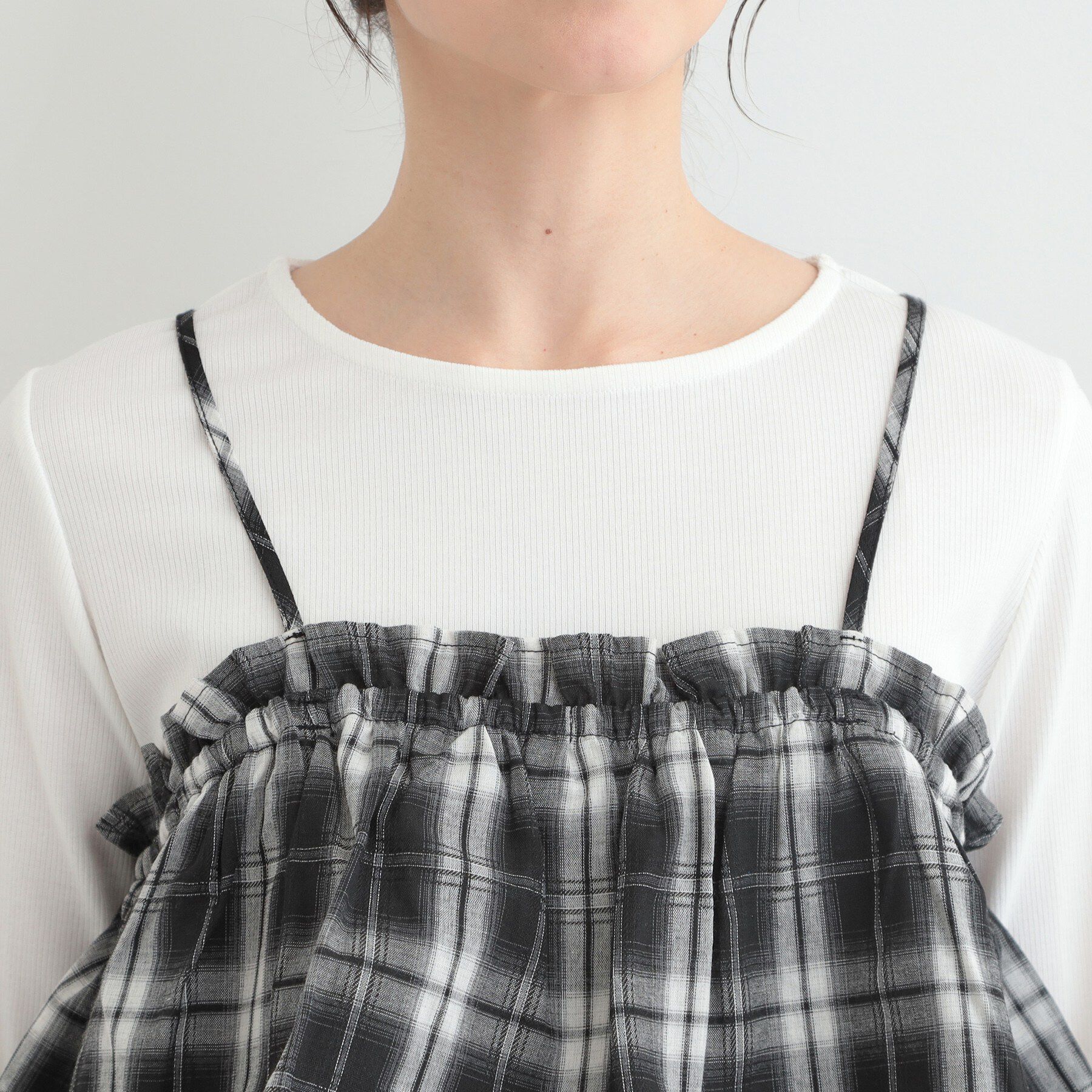 SHOO･LA･RUE「【2点セット】チェック柄フリルキャミビスチェ&times;テレコロンT」|Tシャツ・カットソー|