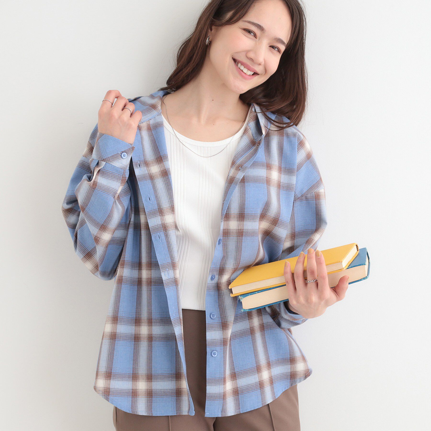 SHOO･LA･RUE「【洗濯機可/S-LL】涼しげで軽やかな フードチェックシャツ」|シャツ・ブラウス|ブルー(291)