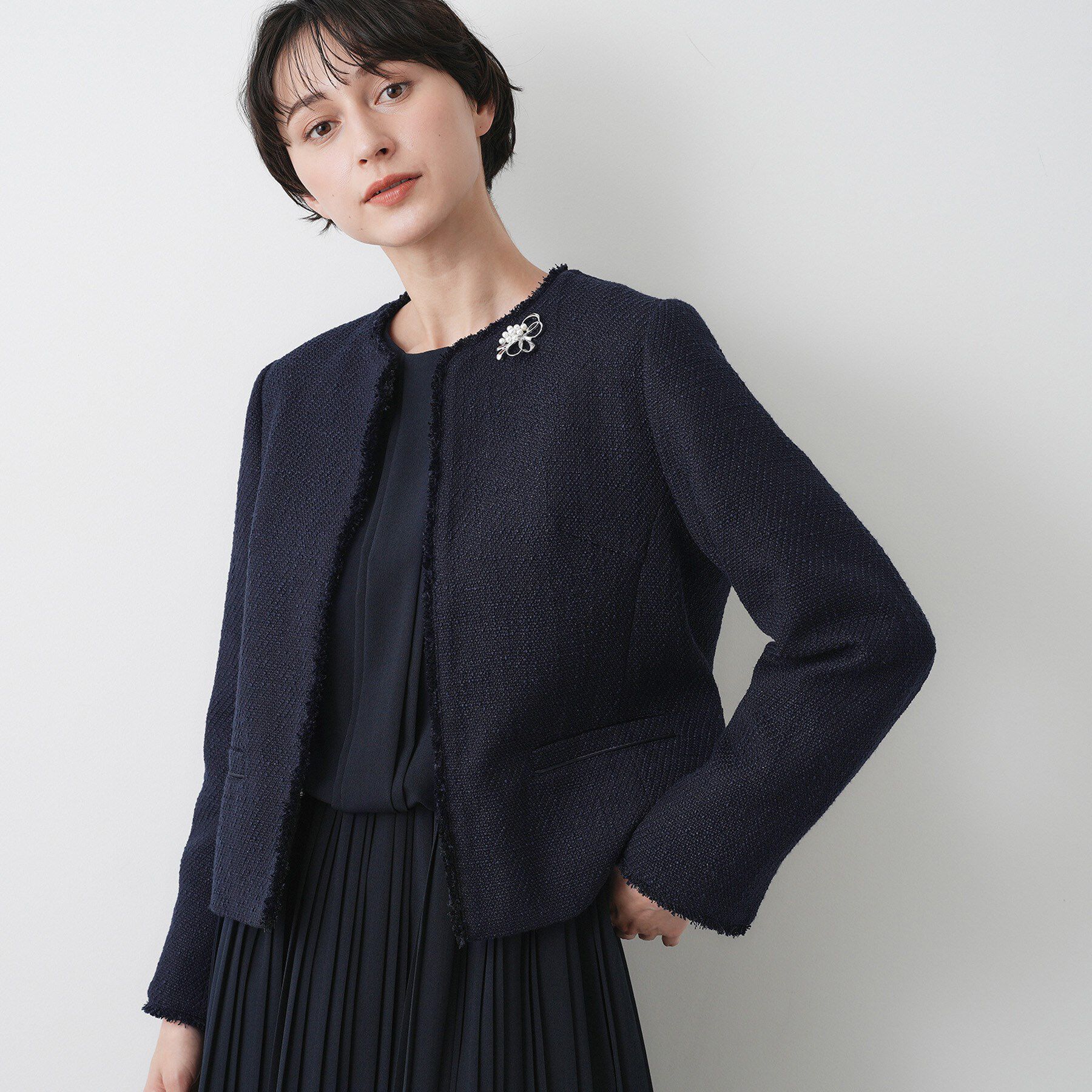 Dessin「【入卒/セレモニー】ツイードクルーネックジャケット」|ノーカラージャケット|ネイビー(094)