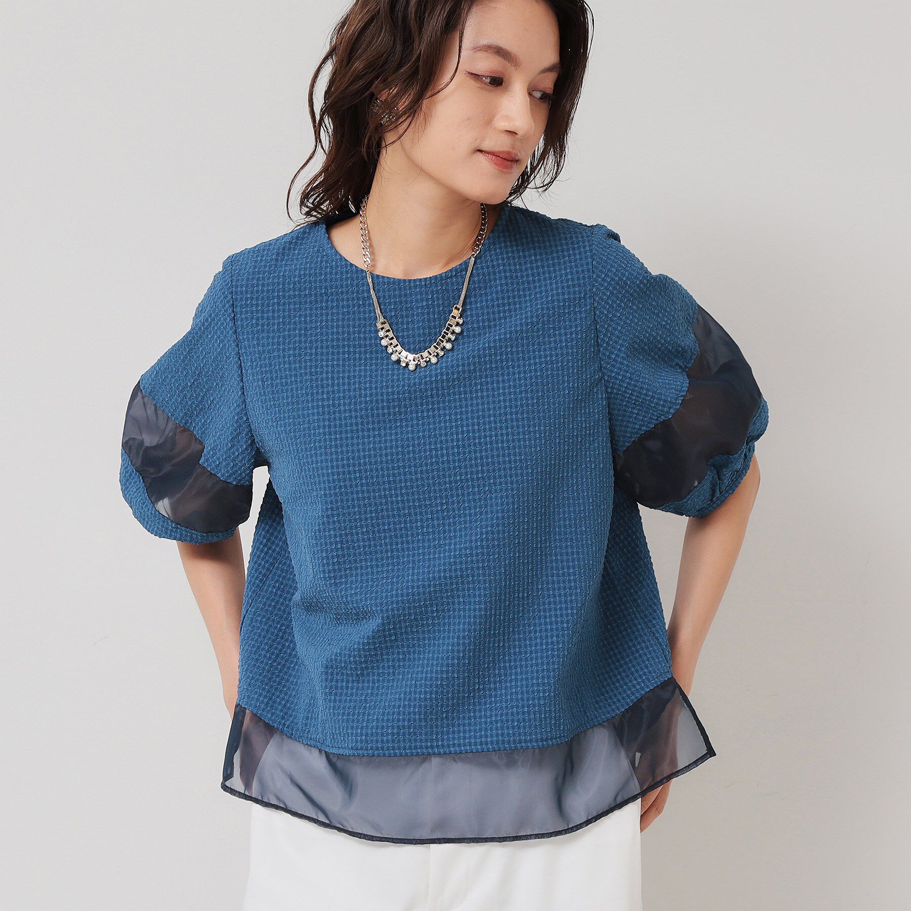 SunaUna「【無地＆ドット／オーガンジー使用】Tブラウス」|シャツ・ブラウス|ブルー(092)