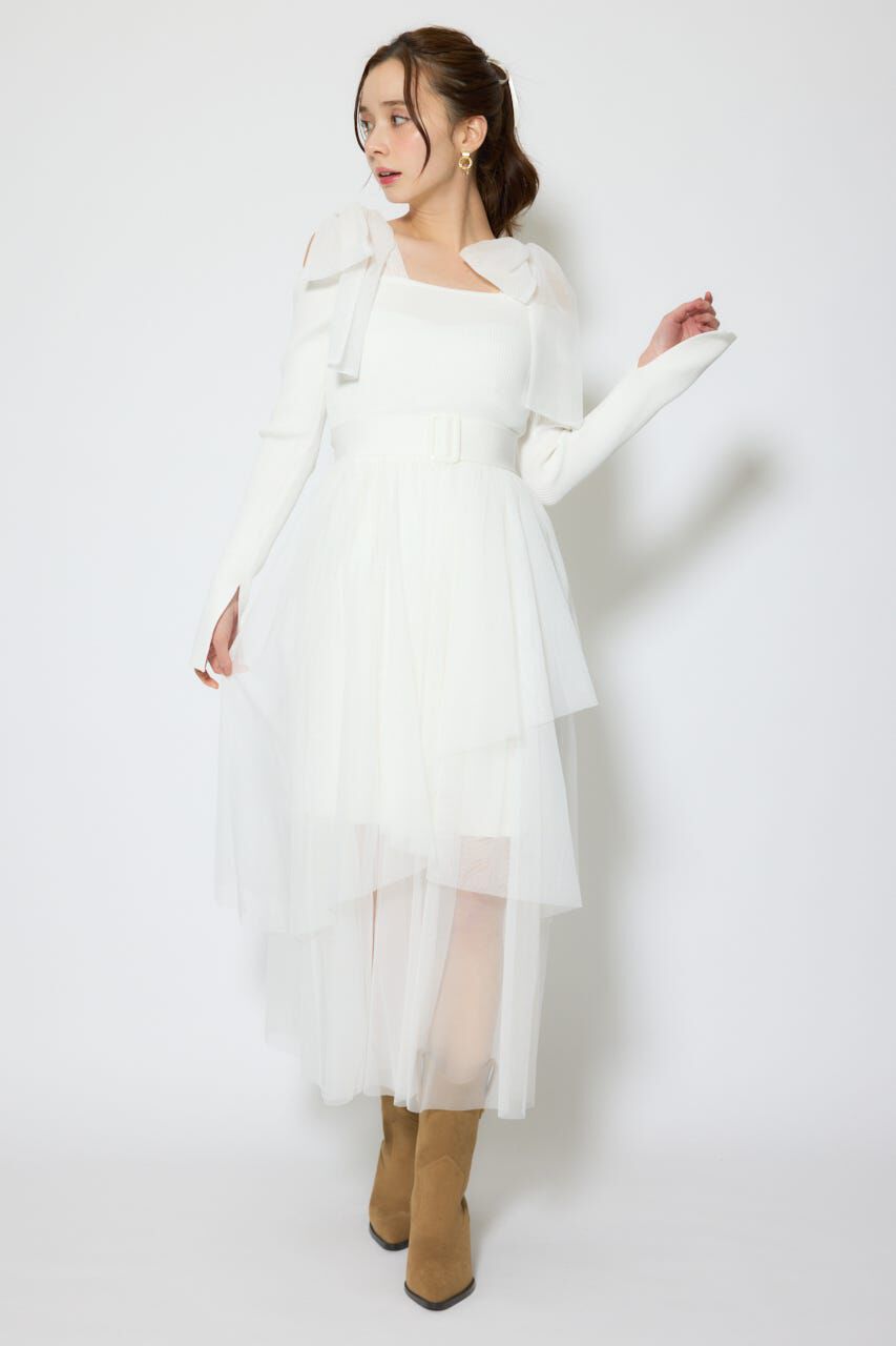 rienda「ショルダーリボンチュールニットワンピース」|ワンピース|