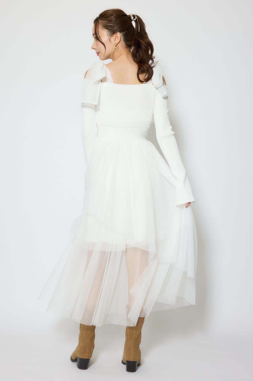 rienda「ショルダーリボンチュールニットワンピース」|ワンピース|