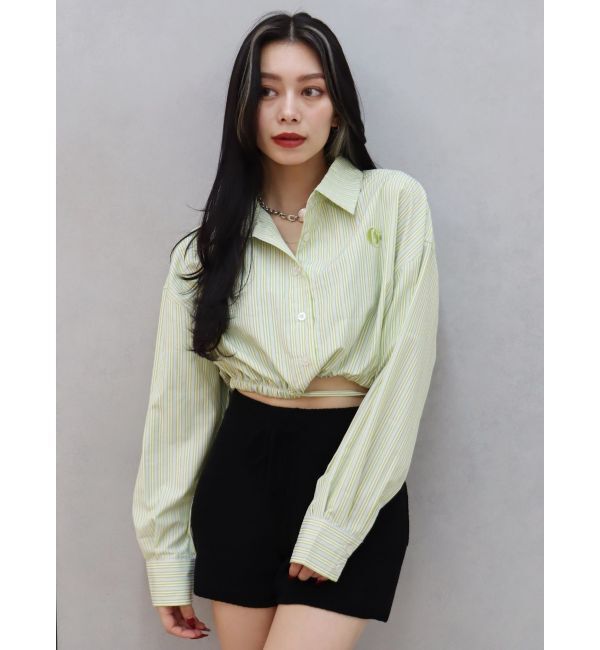 EVRIS「リボンデザインショートストライプシャツ」|シャツ・ブラウス|グリーン