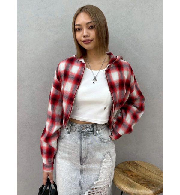 EVRIS「フードチェックショートシャツ」|シャツ・ブラウス|レッド