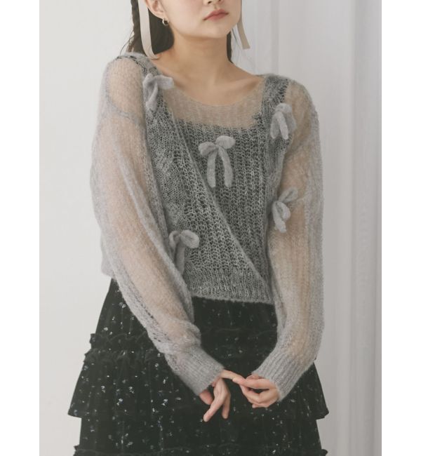 merry jenny「透かし編みリボンニット」|ニット・セーター|グレー