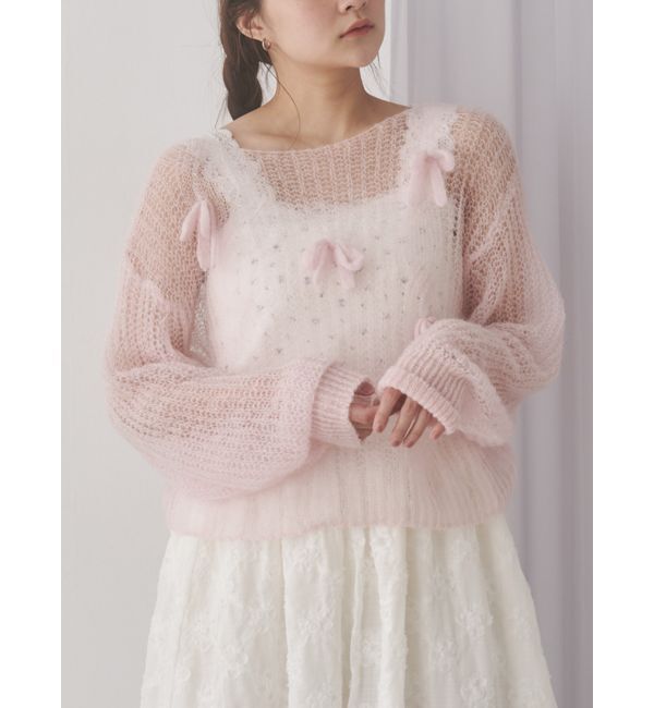 merry jenny「透かし編みリボンニット」|ニット・セーター|ピンク
