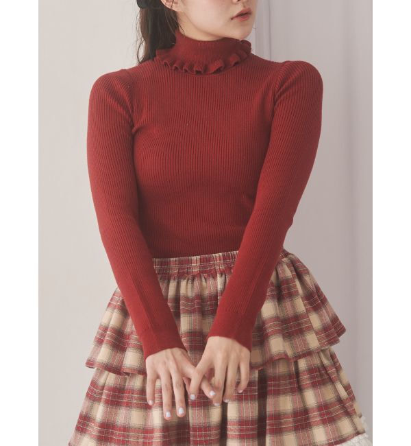 merry jenny「frillリブタートルニットtops」|ニット・セーター|レッド
