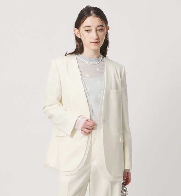 UNITED ARROWS「オーガンジー コンビ ジャケット」|ノーカラージャケット|OFF WHITE