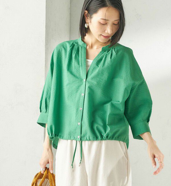 SHIPS for women「《予約》〈手洗い可能〉サッカー 裾 ドロスト メタル ボタン シャツ」|シャツ・ブラウス|グリーン