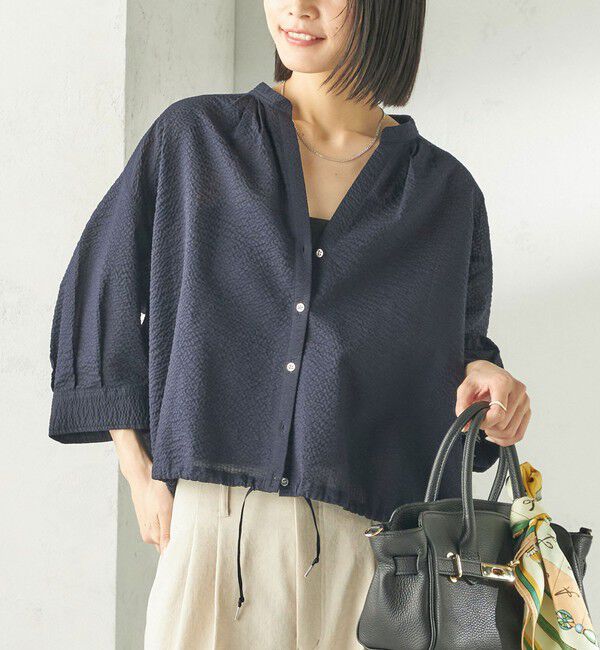 SHIPS for women「《予約》〈手洗い可能〉サッカー 裾 ドロスト メタル ボタン シャツ」|シャツ・ブラウス|ネイビー