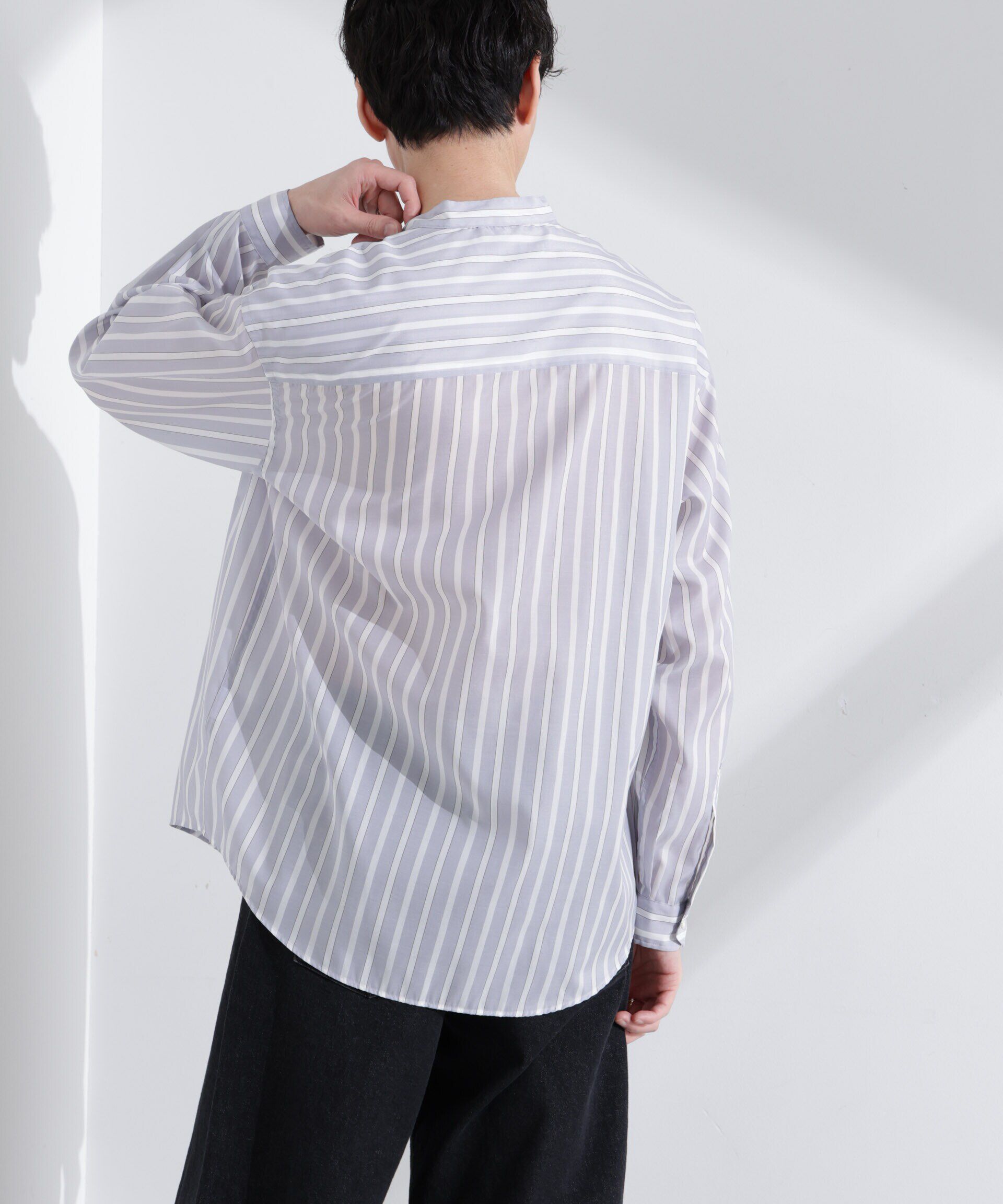 nano･universe「「大人のワイドシャツ」バンドカラー　ストライプ 長袖」|シャツ・ブラウス|