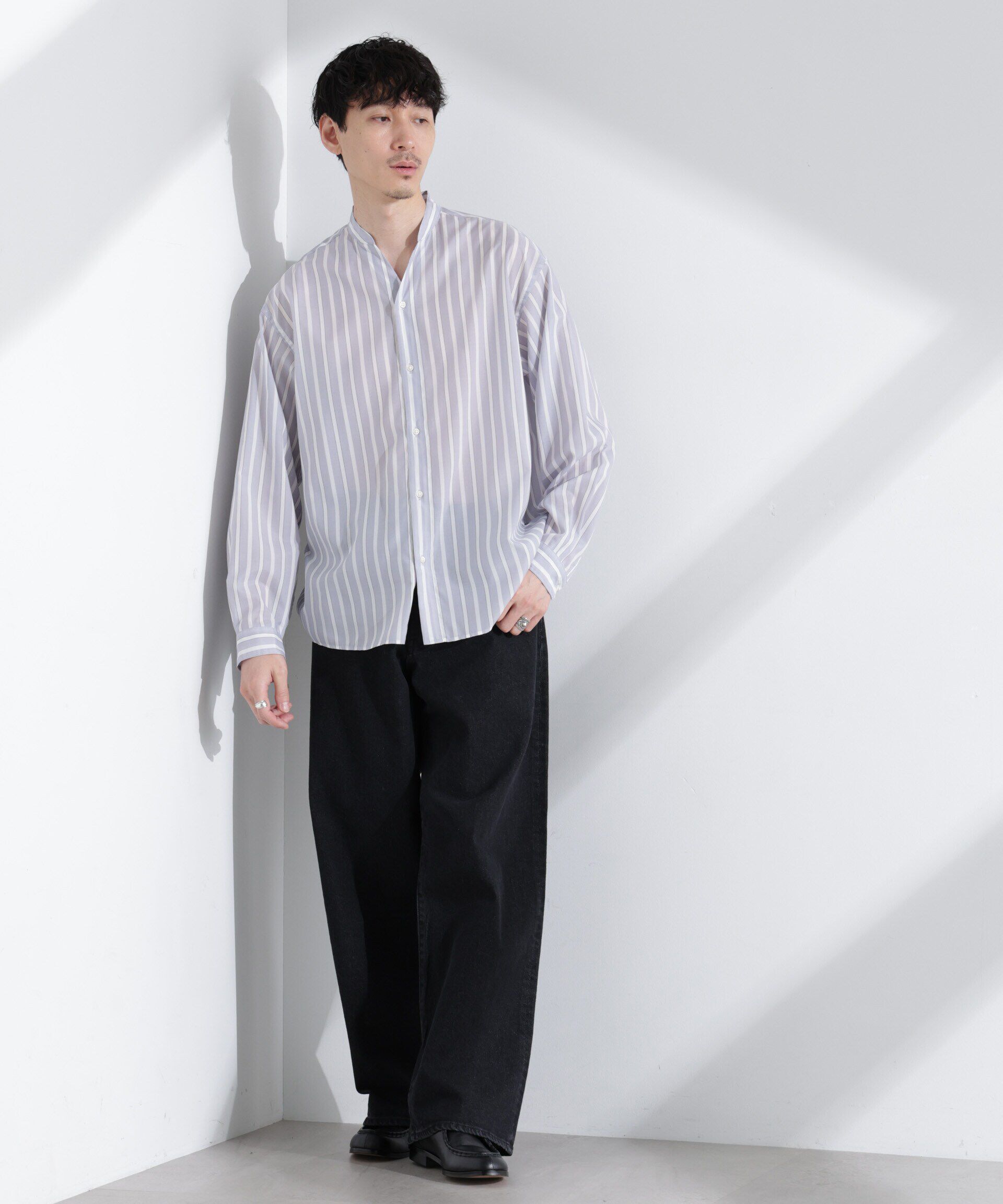 nano･universe「「大人のワイドシャツ」バンドカラー　ストライプ 長袖」|シャツ・ブラウス|