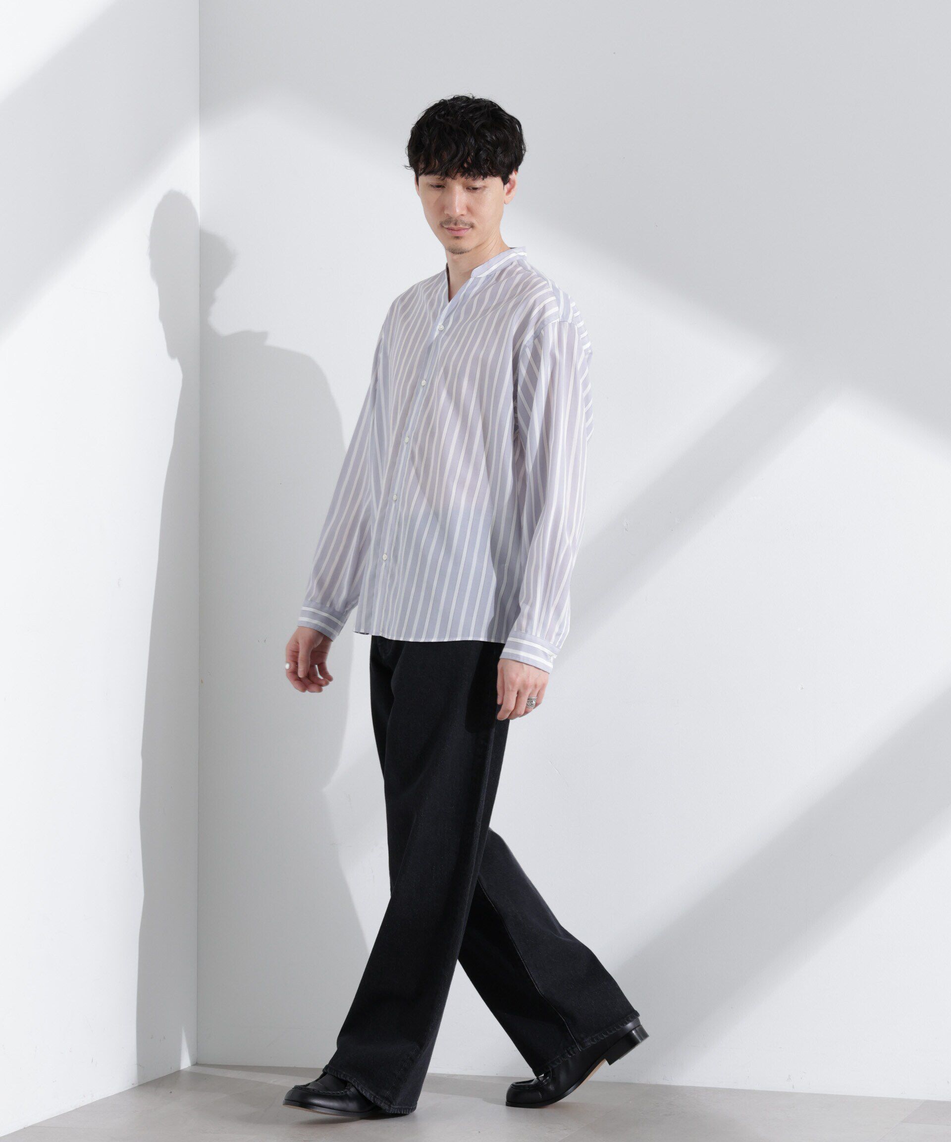 nano･universe「「大人のワイドシャツ」バンドカラー　ストライプ 長袖」|シャツ・ブラウス|