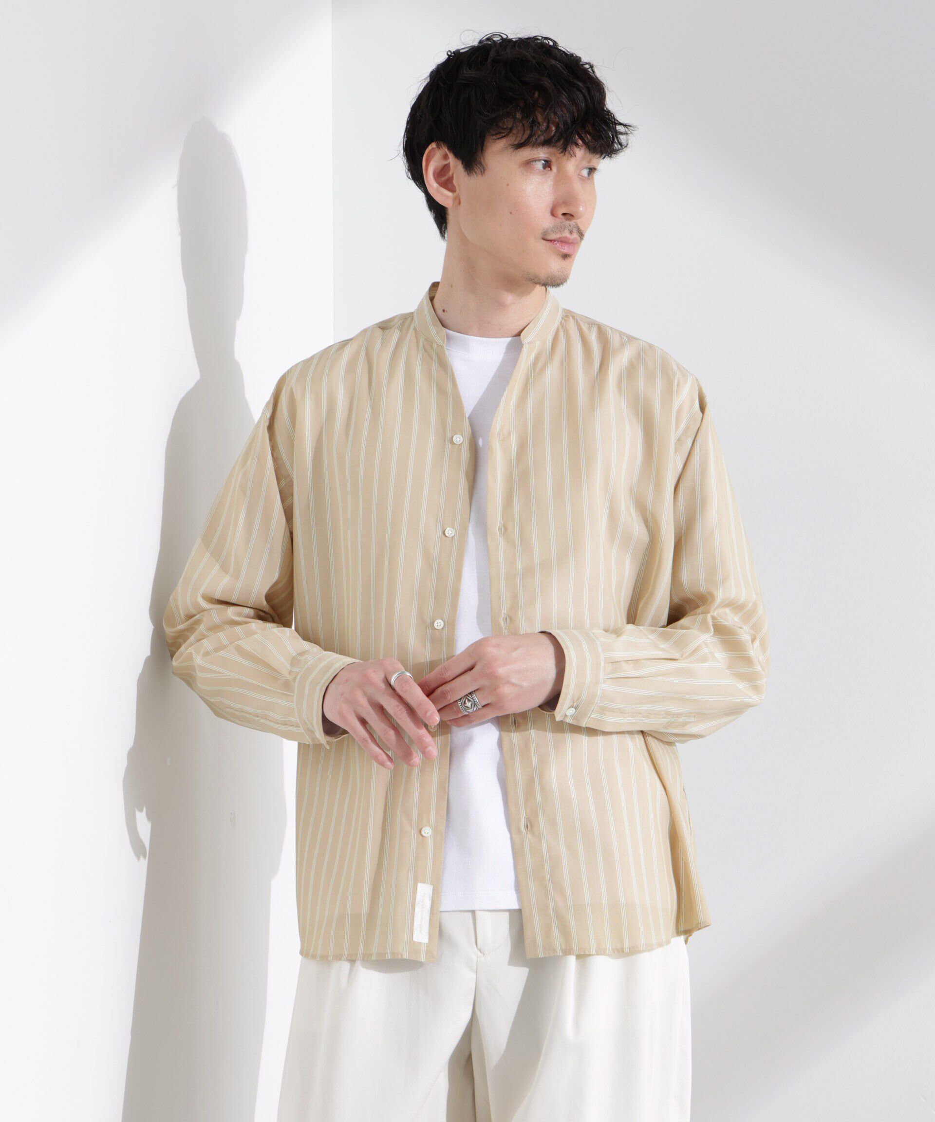 nano･universe「「大人のワイドシャツ」バンドカラー　ストライプ 長袖」|シャツ・ブラウス|