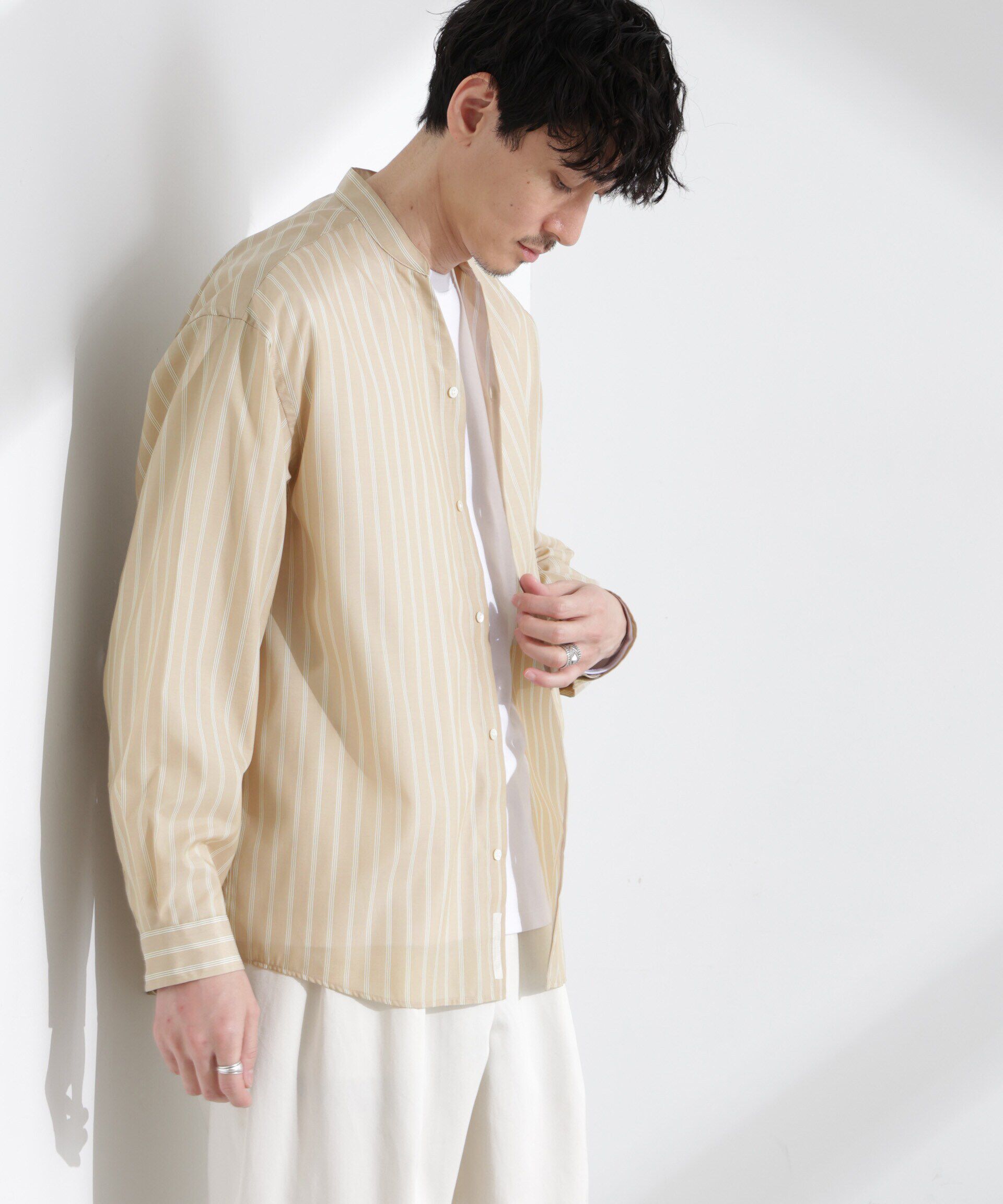 nano･universe「「大人のワイドシャツ」バンドカラー　ストライプ 長袖」|シャツ・ブラウス|