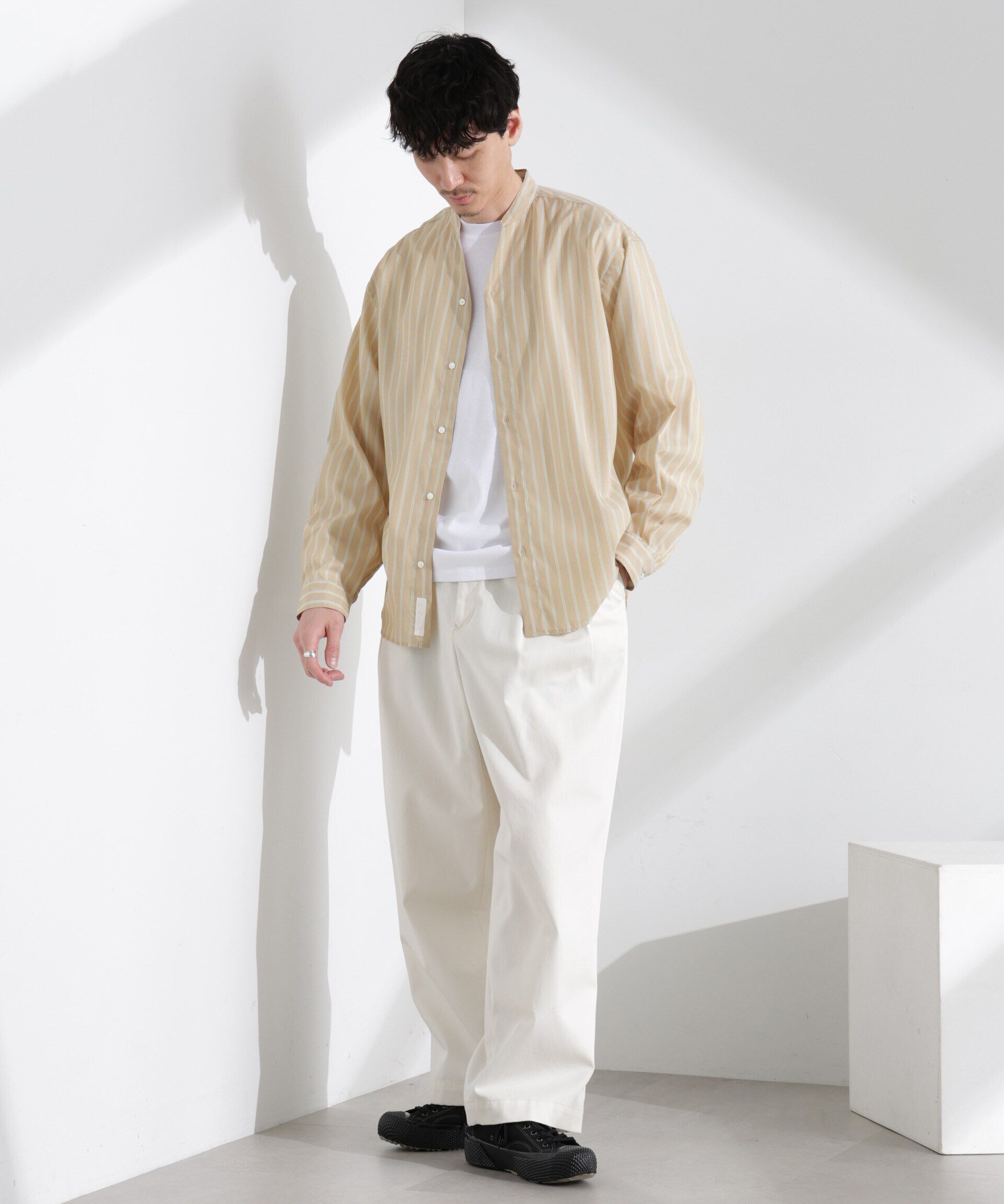 nano･universe「「大人のワイドシャツ」バンドカラー　ストライプ 長袖」|シャツ・ブラウス|