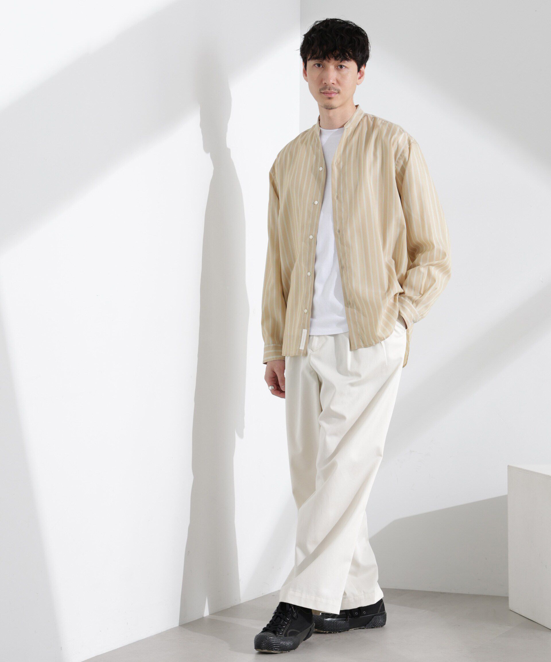 nano･universe「「大人のワイドシャツ」バンドカラー　ストライプ 長袖」|シャツ・ブラウス|