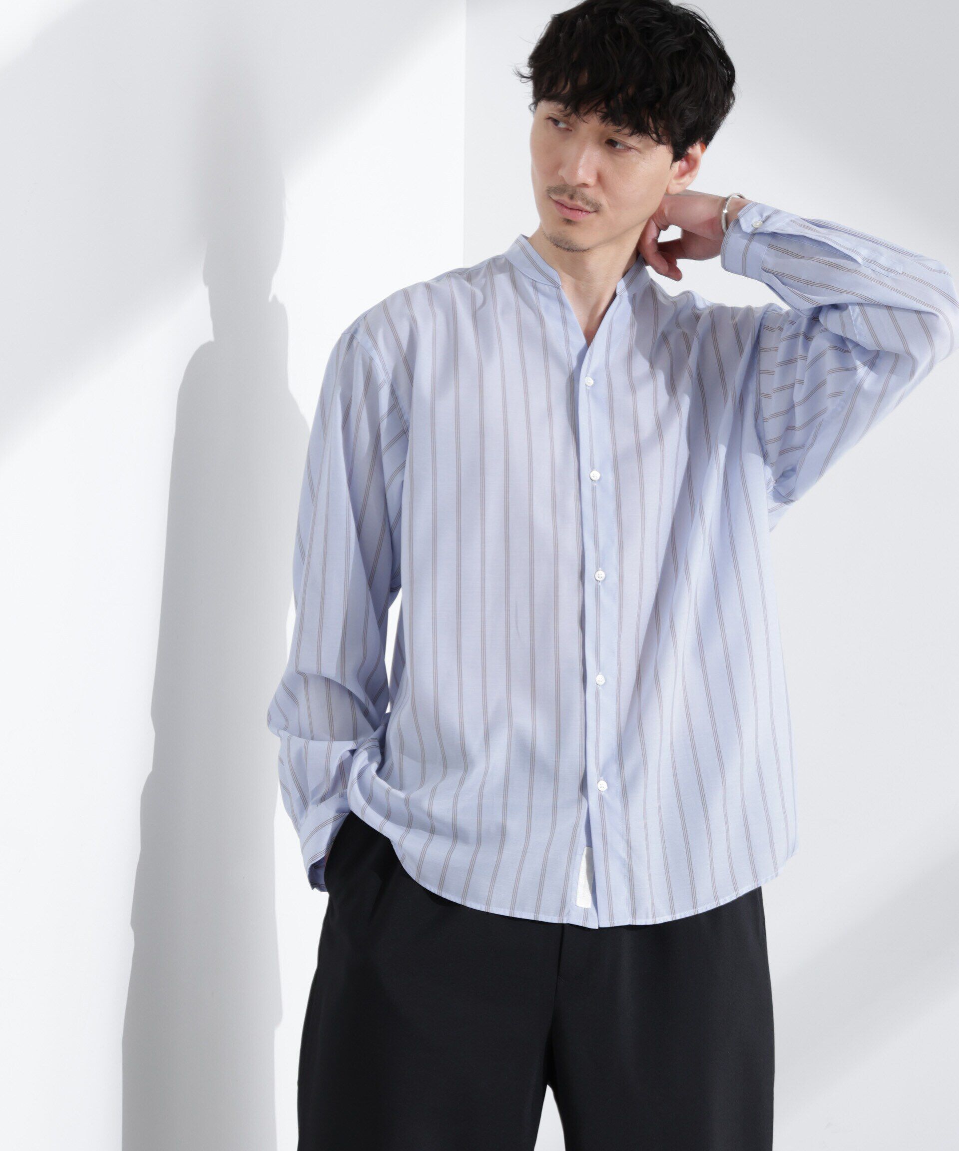 nano･universe「「大人のワイドシャツ」バンドカラー　ストライプ 長袖」|シャツ・ブラウス|サックス5