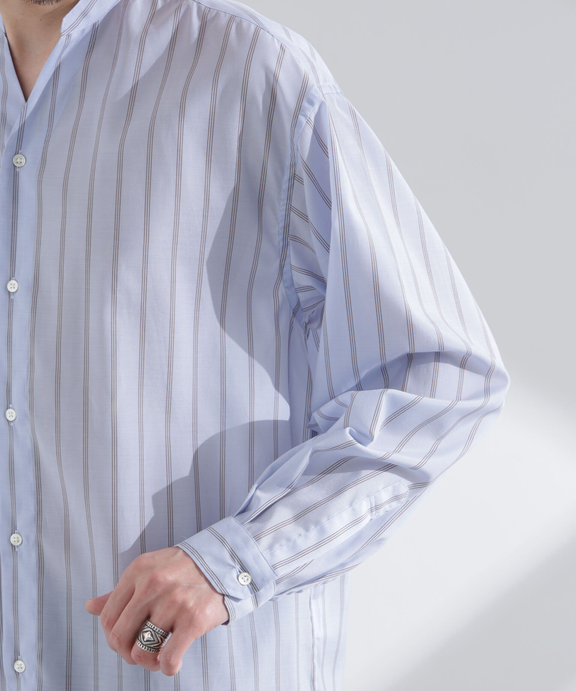 nano･universe「「大人のワイドシャツ」バンドカラー　ストライプ 長袖」|シャツ・ブラウス|