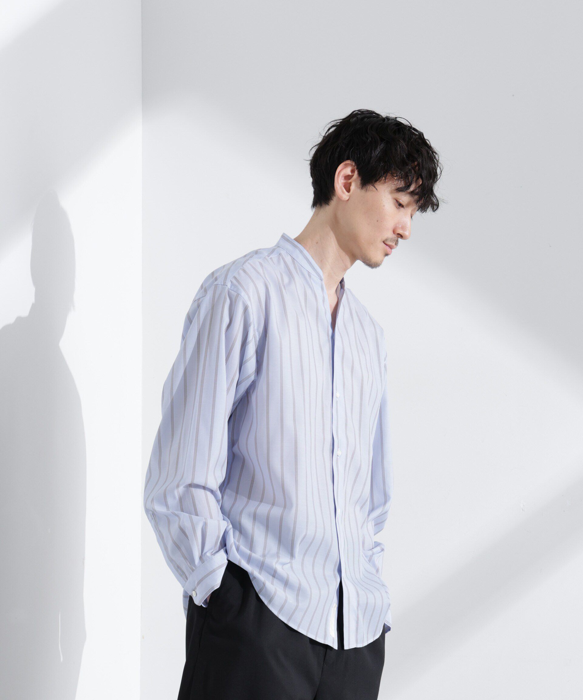 nano･universe「「大人のワイドシャツ」バンドカラー　ストライプ 長袖」|シャツ・ブラウス|