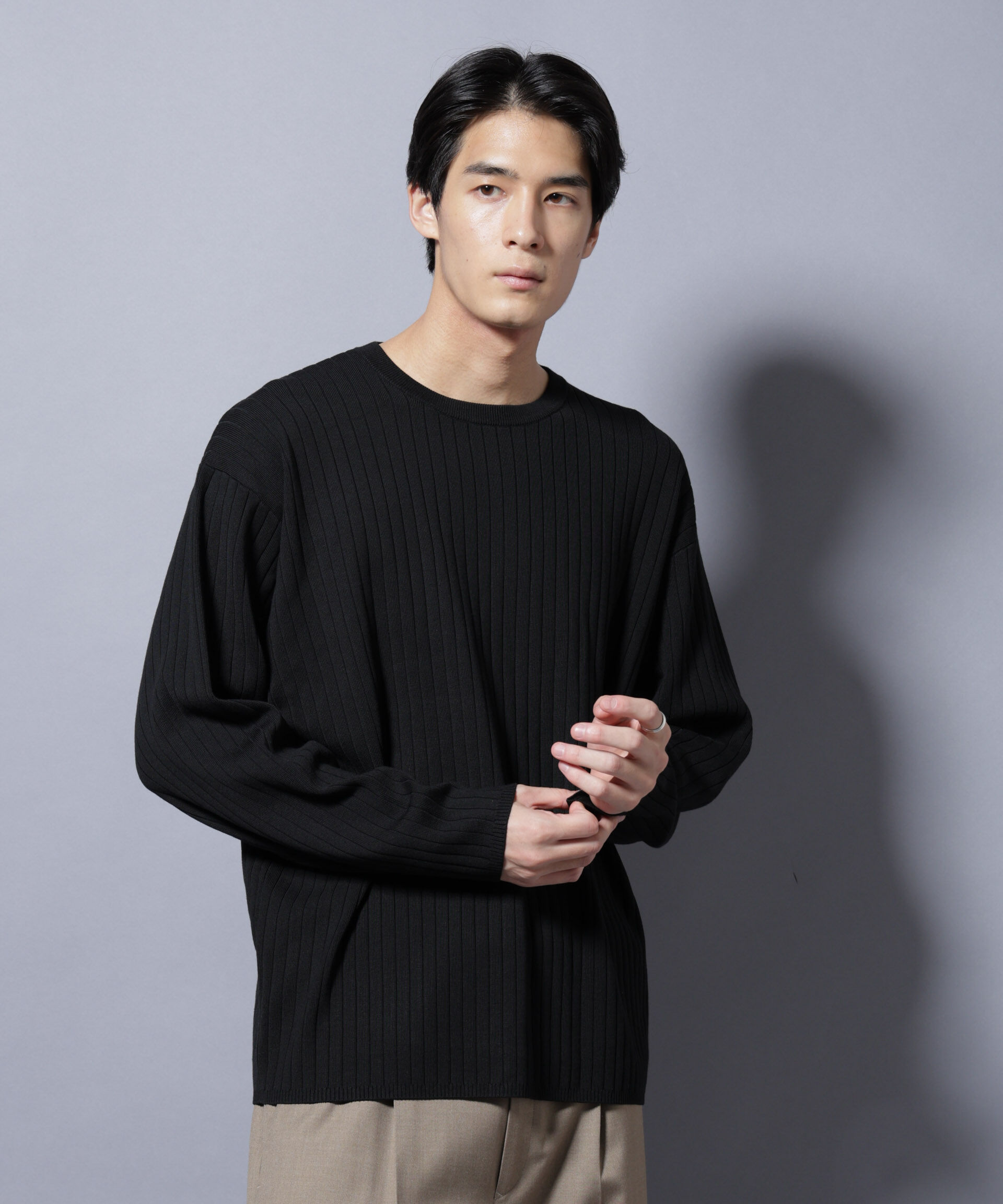 nano･universe「CICA&UVカット リブニットクルーネック」|ニット・セーター|ブラック