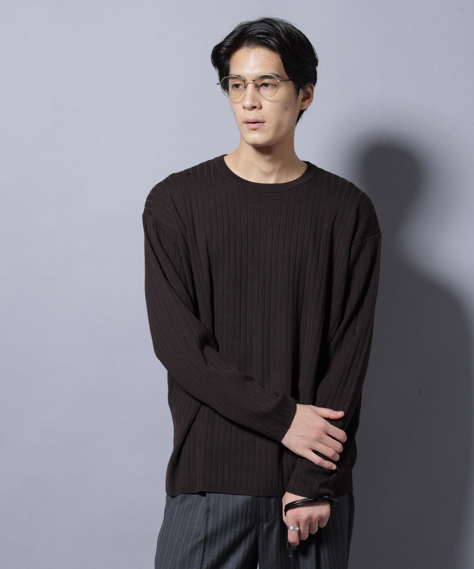 nano･universe「CICA&UVカット リブニットクルーネック」|ニット・セーター|ブラウン