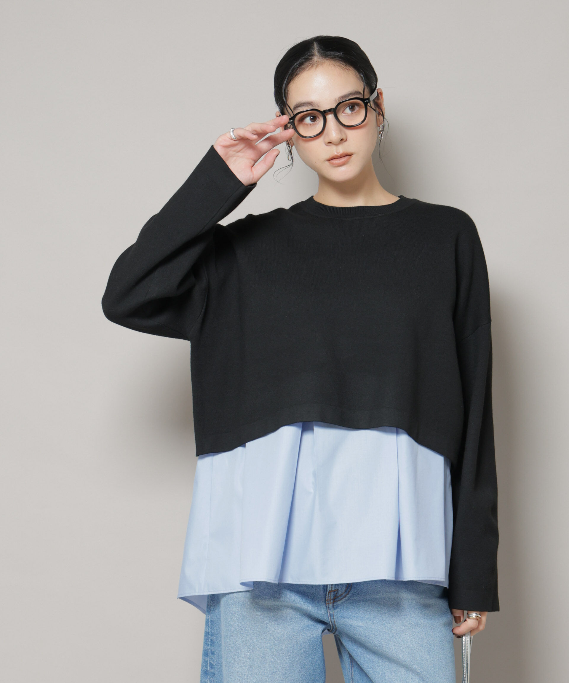 nano･universe「ダブルジャガードニット&times;タックブラウス ペプラムセット」|ニット・セーター|