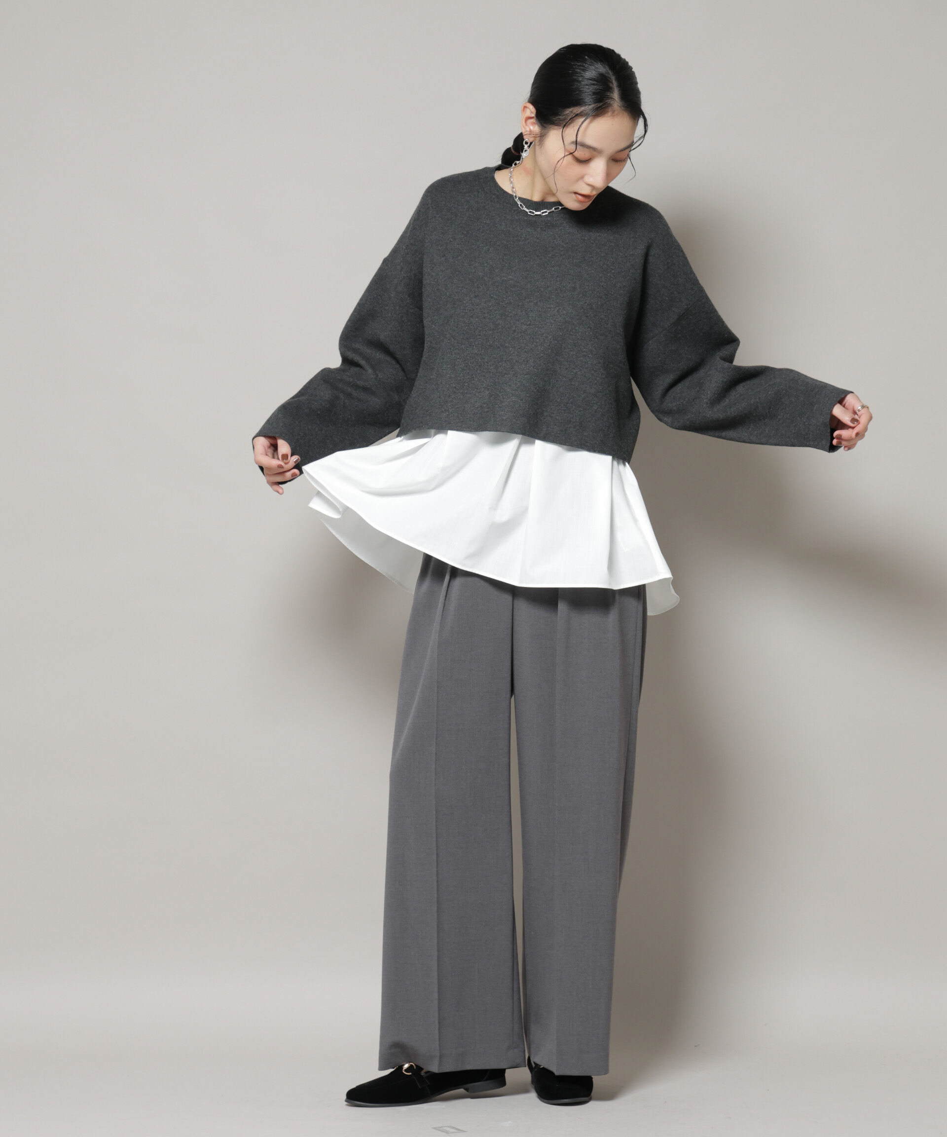 nano･universe「ダブルジャガードニット&times;タックブラウス ペプラムセット」|ニット・セーター|