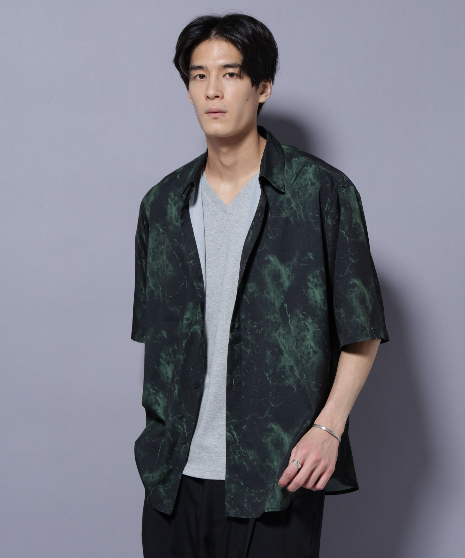nano･universe「ストーンパターン半袖シャツ」|シャツ・ブラウス|D.グリーン1