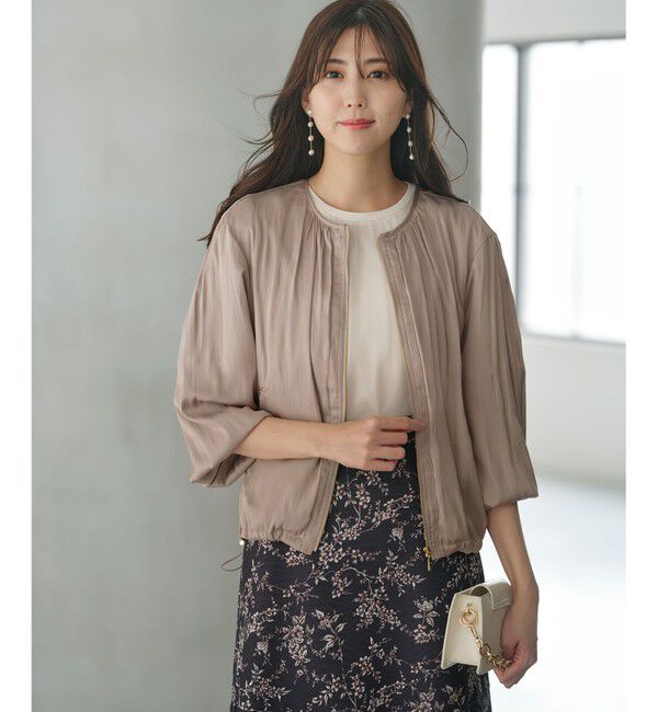 any SiS「【接触冷感・速乾・UVカット】ツヤテロギャザー ブルゾン」|ブルゾン・スタジャン|ベージュ