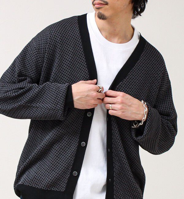 GLOSTER「【シャリ感で軽やか】バーズアイVネック crunchyカーデ」|カーディガン|ブラック系その他