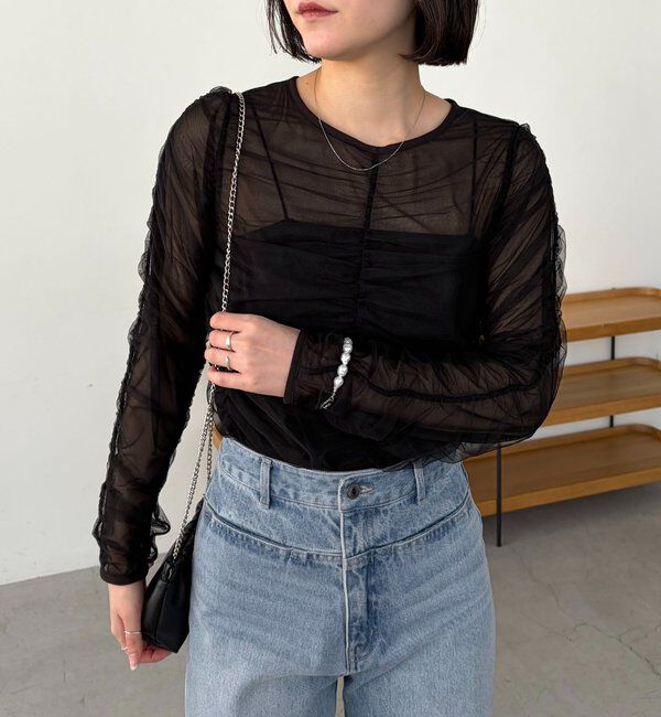 「チュールギャザーブラウス」|シャツ・ブラウス|ブラック