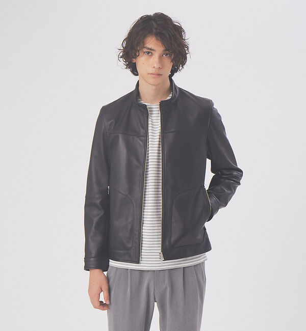 ABAHOUSE「ラムレザー スタンドカラー ブルゾン」|ブルゾン・スタジャン|ブラック