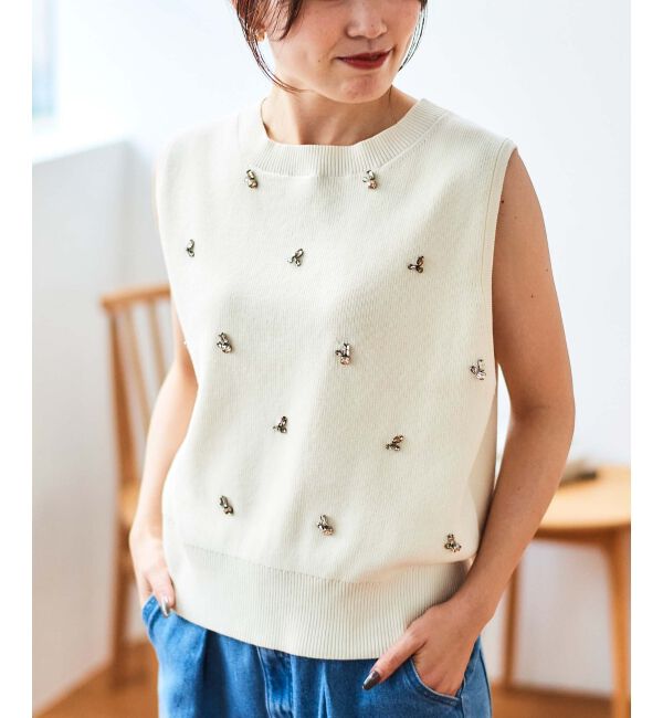 le.coeur blanc「片畦ビジューニットベスト」|ベスト・ジレ|