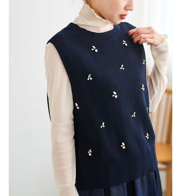 le.coeur blanc「片畦ビジューニットベスト」|ベスト・ジレ|