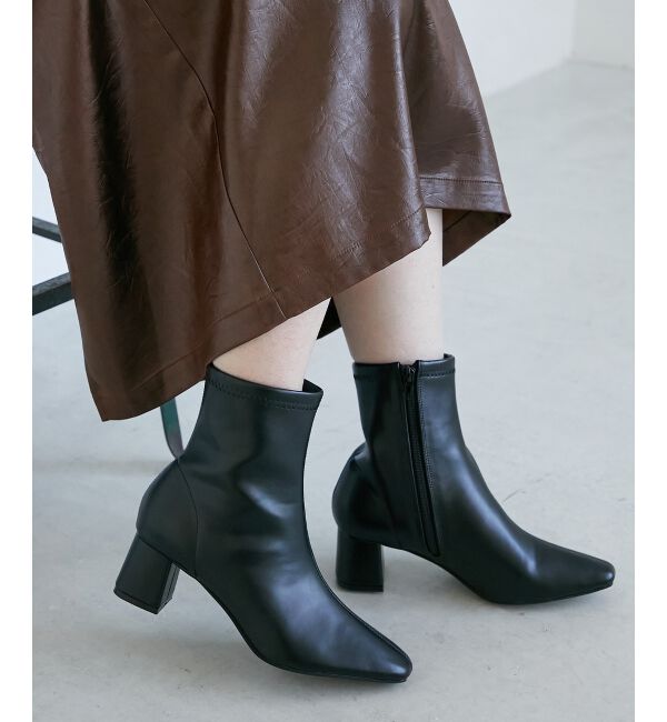  「《WEB限定アイテム》スクエアトゥ裏起毛ストレッチブーツ」|ショートブーツ|