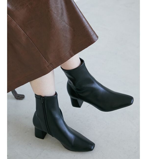  「《WEB限定アイテム》スクエアトゥ裏起毛ストレッチブーツ」|ショートブーツ|