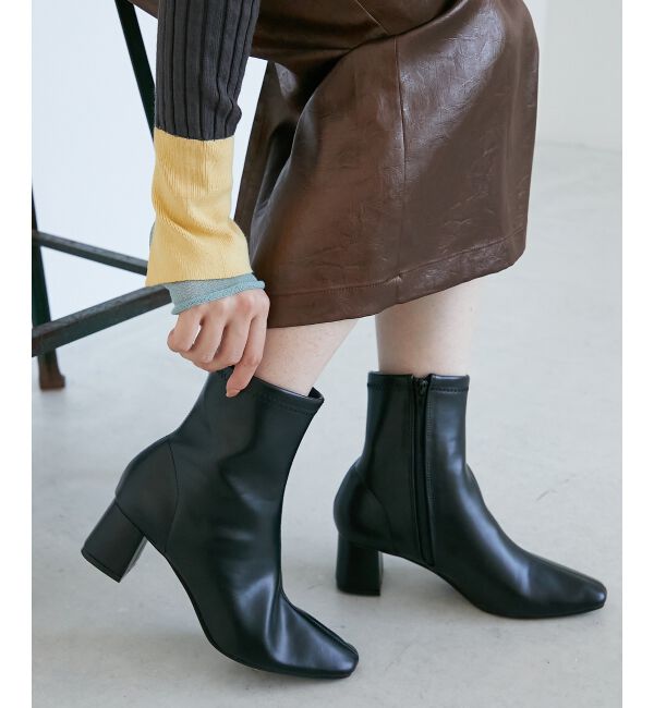  「《WEB限定アイテム》スクエアトゥ裏起毛ストレッチブーツ」|ショートブーツ|
