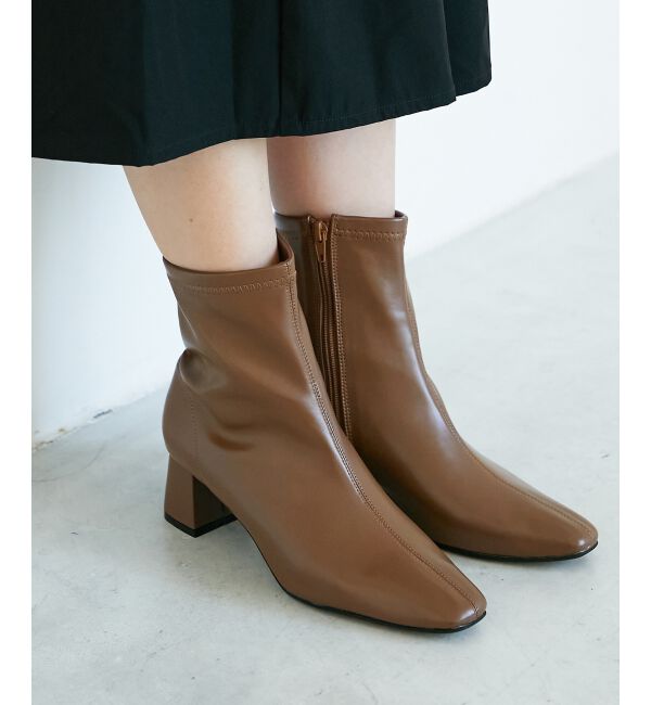  「《WEB限定アイテム》スクエアトゥ裏起毛ストレッチブーツ」|ショートブーツ|