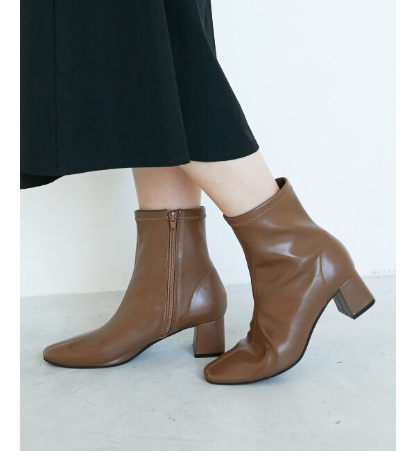  「《WEB限定アイテム》スクエアトゥ裏起毛ストレッチブーツ」|ショートブーツ|