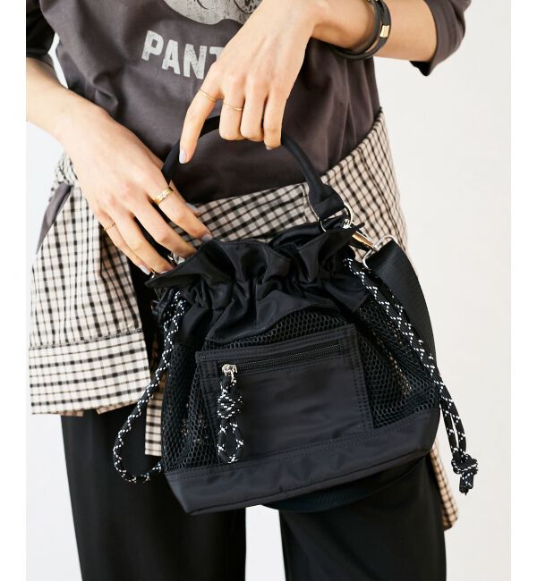 「メッシュフリルデザイン巾着バッグ」|ショルダー・メッセンジャー|ブラック