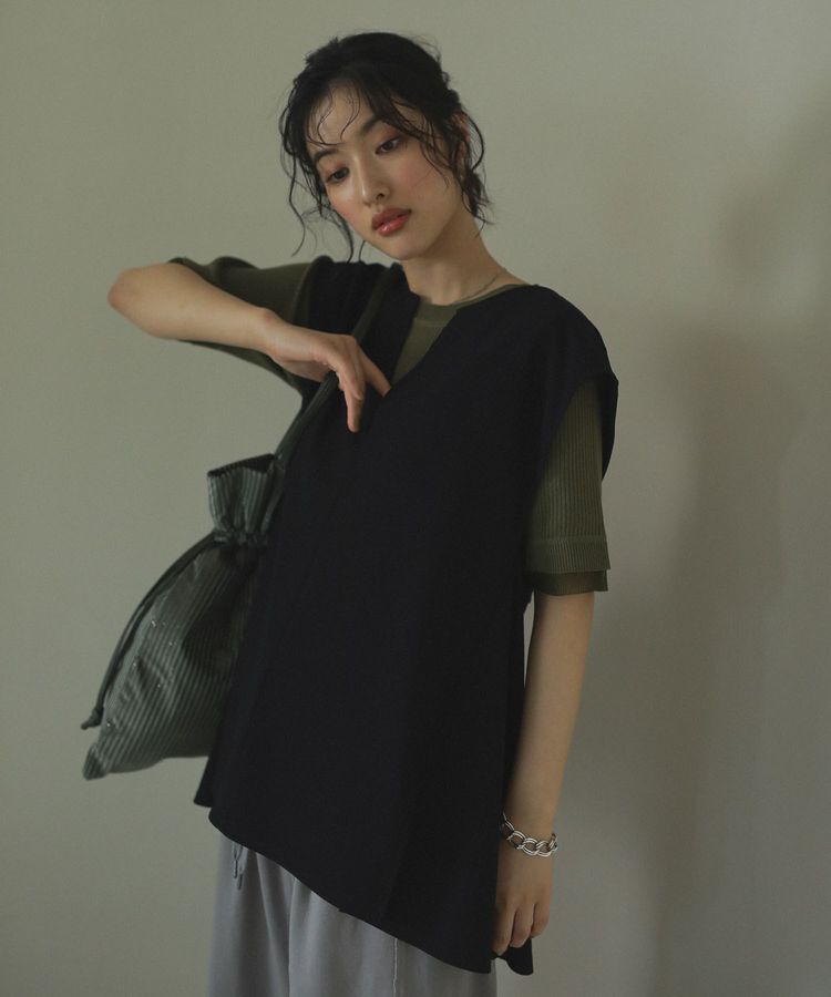 Green Parks「袖レイヤー5分袖ニットプルオーバー」|ニット・セーター|