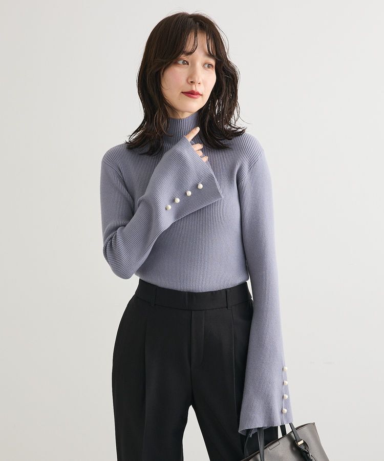Green Parks「・swing by 袖パールボタンフレアリブニット」|ニット・セーター|Blue